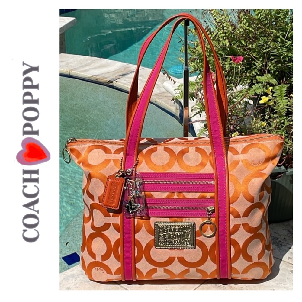 Coach Poppy OP Art Sig C Orange/Pink Tote w/Jacquard Canvas Print & Leat…